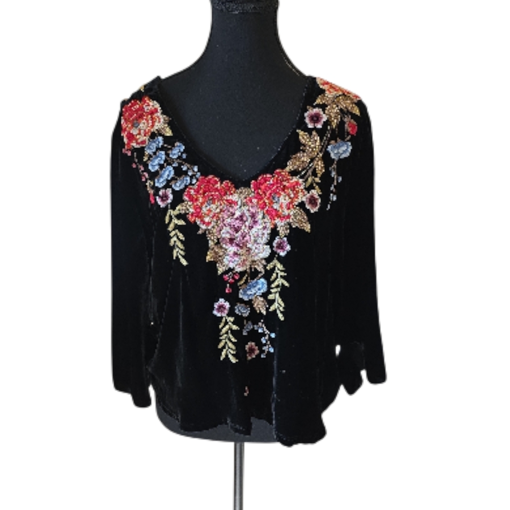 Johnny Was Black Velvet Top with Floral Embroidery